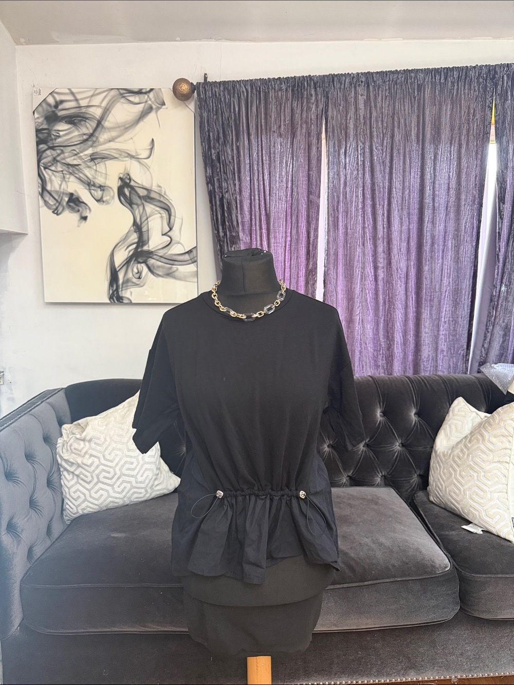 Adrianna Papell Black Short-Sleeve Drawstring Waist Top